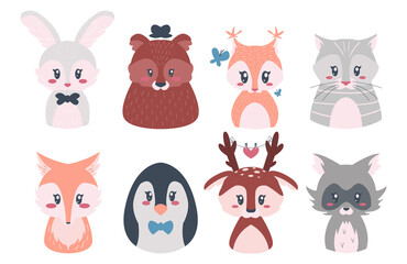 Cute animals. Cartoon baby forest characters, raccoon fox rabbit deer bear for kid illustration. Wildlife print template, funny creatures texture for fabric. Mockup for teen goods, vector woodland set