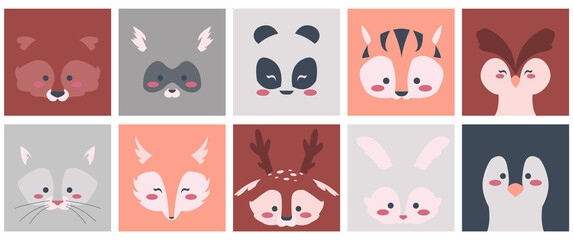 Animal faces. Cartoon square shapes with cute baby animalistic faces, raccoon fox rabbit deer bear and other woodland characters. Outline portrait template for teens clothes and kids goods vector set