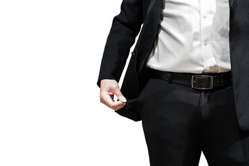 No money concept, close-up of business man with empty pocket isolated on white background.