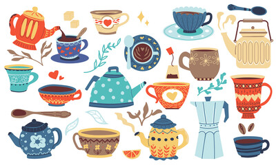 Doodle utensil. Cartoon bowl, mug, cup and jug, kitchen and home colorful cozy dishes. Cute tableware template for cuisine ceramics and fabric. Hygge cafe menu decoration, vector painted pottery set