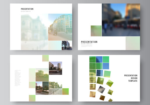 Vector layout of the presentation slides design business templates, multipurpose template for presentation brochure, brochure cover. Abstract project with clipping mask green squares for your photo.