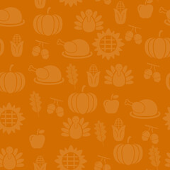 Autumnal Thanksgiving orange seamless pattern with turkeys, pumpkin, leaves illustration.