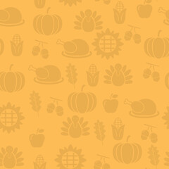 Autumnal Thanksgiving orange seamless pattern with turkeys, pumpkin, leaves illustration.