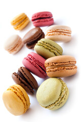 Colorful French Macarons on the white background