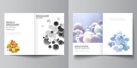 Vector layout of two A4 cover mockups template for bifold brochure, flyer, magazine, cover design, book design, brochure cover. Realistic vector background with multicolored 3d spheres, bubbles, balls