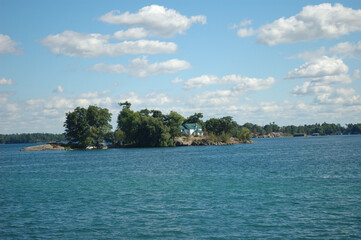 water, lake, Islands, green trees, recreation, buildings, clouds, sky