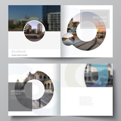Vector layout of two covers templates for square bifold brochure, flyer, magazine, cover design, book design, brochure cover. Background template with rounds, circles for IT, technology. Minimal style