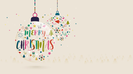 Merry Christmas and Happy New Year. Christmas balls and Colorful Xmas elements. Vector illustration
