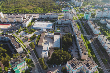 Fototapeta na wymiar Aerial Townscape of Town Poliarnye Zori located in Northwestern Russia