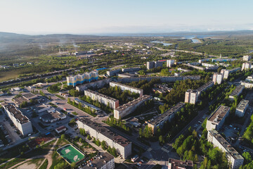 Fototapeta na wymiar Aerial Townscape of Town Poliarnye Zori located in Northwestern Russia