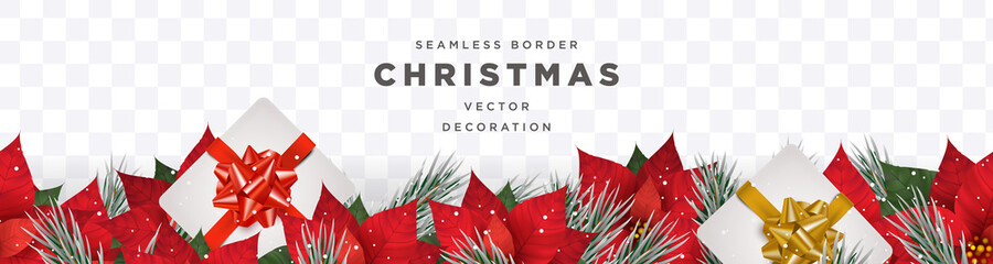Fototapeta premium Seamless Christmas winter theme border template vector with realistic poinsettia flower