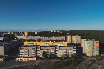 Fototapeta premium Aerial Townscape of Town Poliarnye Zori located in Northwestern Russia
