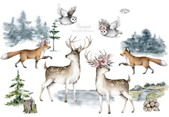 Fox, deer animal in forest. Realistic winter cute walking red wild fox isolated illustration on white background.