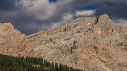 La Varella mountain with Forcela [Pass] de Medesc, Dolomites of Fanes-Senes-Braies mountain park, above Val Badia [valley], seen from Pedraces village, Badia village, South Tirol, Alto-Adige, Ital