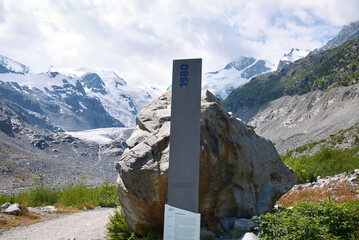 Morteratsch, Switzerland - July 22, 2020 : View of Morteratsch Glacier trail