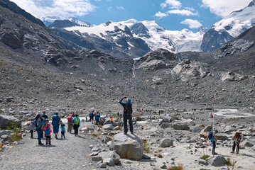 Morteratsch, Switzerland - July 22, 2020 : View of Morteratsch Glacier trail