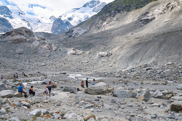 Morteratsch, Switzerland - July 22, 2020 : View of Morteratsch Glacier trail