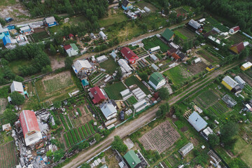 Aerial Townscape of Suburban Village Sosnoviy Bor located in Northwestern Russia on the Kola Peninsula near the town Kandalaksha