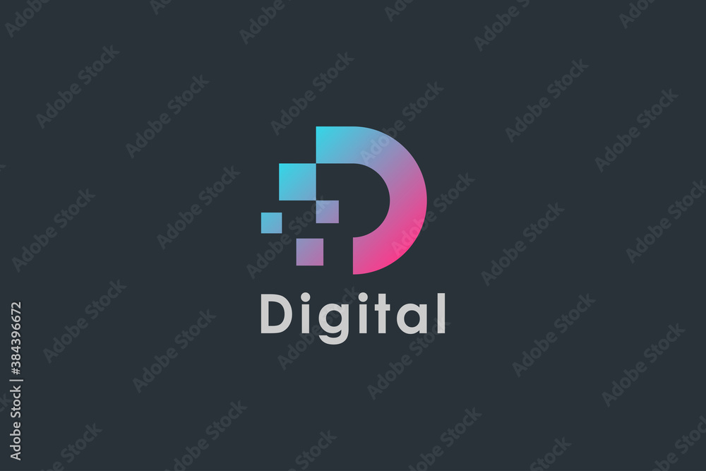Aufkleber abstract initial letter d logo. blue and red geometric shape with square pixel dots isolated on blac