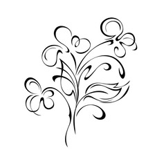 ornament 1320. bouquet of three stylized flowers on stems with leaves and curls in black lines on a white background