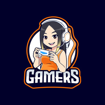Stylish gamer girl cartoon logo template