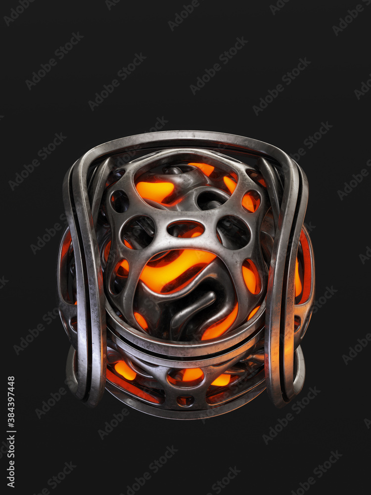 Poster abstract curved illuminated glowing orb isolated on black background, 3d rendering