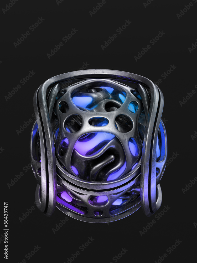 Poster abstract curved illuminated glowing orb isolated on black background, 3d rendering