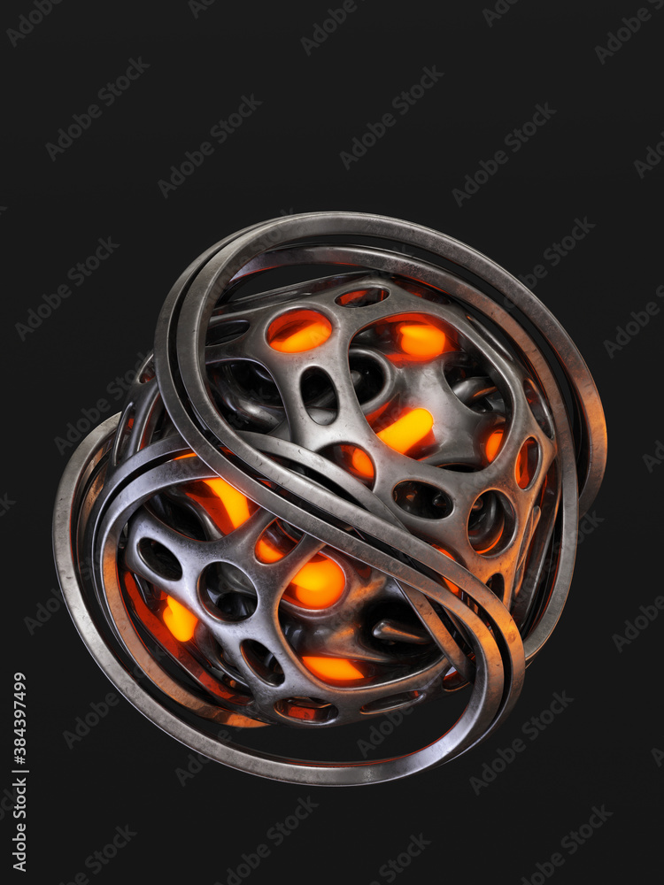 Poster abstract curved illuminated glowing orb isolated on black background, 3d rendering