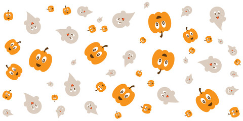 Halloween background with funny silhouettes of pumpkins and ghost. Vector illustration.