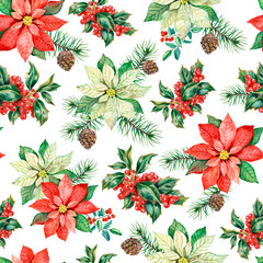 Watercolor Christmas pattern with red and white poinsettia flowers, seamless pattern, New Year's pattern, holly berries