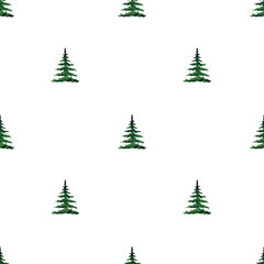 watercolor green pine trees seamless pattern on white background. Minimalist style. For fabric, textile, wrapping, scrapbook