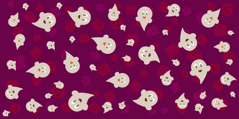 Happy Halloween banner. Festive background with orange pumpkins with cut scary smile and flying ghost. Horizontal holiday poster, header for website. Vector illustration