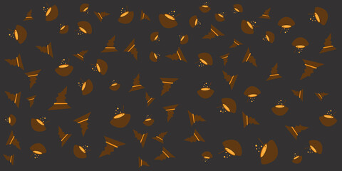 Happy Halloween Party Background with pumpkins, ghosts, candy, witch broom, bats, cobwebs, skulls, bones, headstones, witch hats. Paper art style. Vector Illustration icon doodle seamless pattern