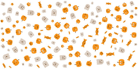 Happy Halloween Party Background with pumpkins, ghosts, candy, witch broom, bats, cobwebs, skulls, bones, headstones, witch hats. Paper art style. Vector Illustration icon doodle seamless pattern