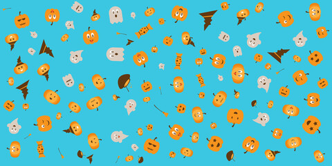 Happy Halloween Party Background with pumpkins, ghosts, candy, witch broom, bats, cobwebs, skulls, bones, headstones, witch hats. Paper art style. Vector Illustration icon doodle seamless pattern