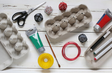 DIY Christmas tree decoration instruction of making fur tree bells from egg pressed cardboard container.Eco minimalist scandinavian crafts from recycable materials.Reusable creative crafts project  