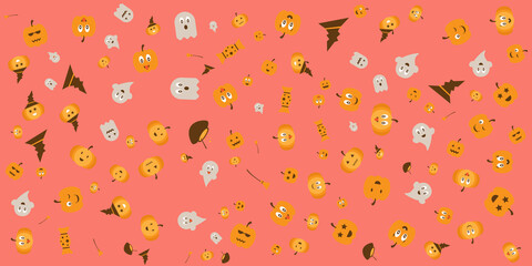 Happy halloween holiday background with pumpkin ghost and candies. Vector illustration