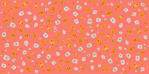 Happy halloween holiday background with pumpkin ghost and candies. Vector illustration