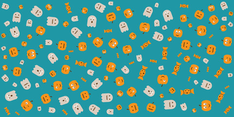 Happy Halloween party label/ invitation Composition with lantern pumpkins, party decorations and sweets on a colorful abstract background. Top view vector illustration.