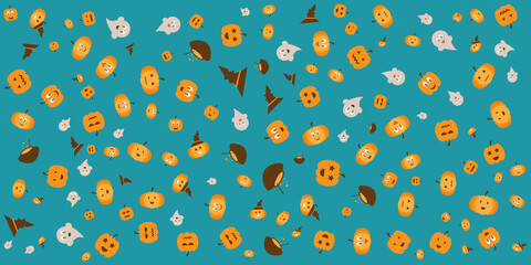Happy Halloween party label/ invitation Composition with lantern pumpkins, party decorations and sweets on a colorful abstract background. Top view vector illustration.