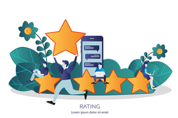 Concept of feedback, testimonials messages and notifications. Rating on customer service illustration. Five big stars with people holding  them and giving reviews on their lap tops. Flat vector