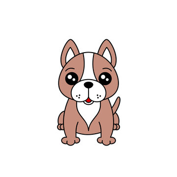Cute French Bulldog sitting. Cheerful fawn frenchy drawing. Happy dog doodle with big eyes and smile. Adorable cartoon puppy. Isolated on white background with outline.Vector illustration, clip art. 