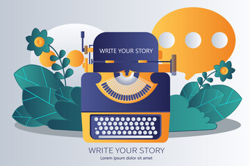 Write your story business banner for journalism. Flat vector illustration