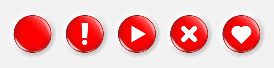 Red button realistic set in modern neumorphism style, exclamation mark, play, cross and heart icons on red glossy neumorphic buttons collection