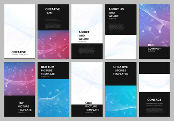 Social networks stories design, vertical banner or flyer templates. Covers design templates for flyer, leaflet, brochure cover. Polygonal science background with connecting dots and lines.