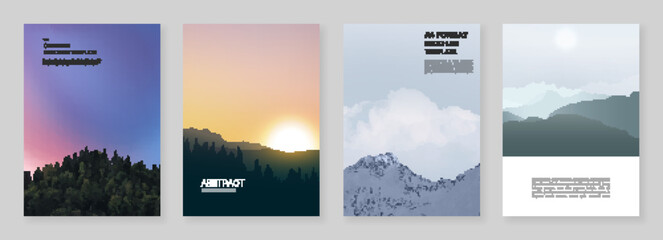A4 brochure layout of covers templates for flyer leaflet, A4 brochure design, presentation, magazine, book. Fog, sunrise in morning and sunset in evening. Nature landscape backgrounds with mountains.