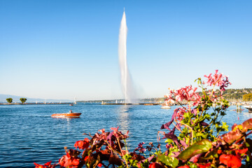 The Jet d'Eau in the bay of Geneva, Switzerland, a fountain with a 140 meter-high water jet, emblem of the city, with a mahogany speedboat and flowers in the foreground by a sunny summer afternoon.