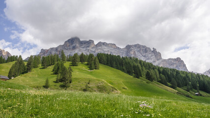 La Varella mountain, Fanes-Senes-Braies mountain par, as seen from above San Casiano village, Alta Badia, Dolomites, South Tirol, Italy.