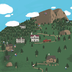 Quirky Vector Mountain Village illustration. Scene of nature, city, houses, people, trees and mountains.