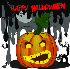Happy Halloween banner or party invitation background with spiders web, flying bats  and pumpkin. Vector illustration.